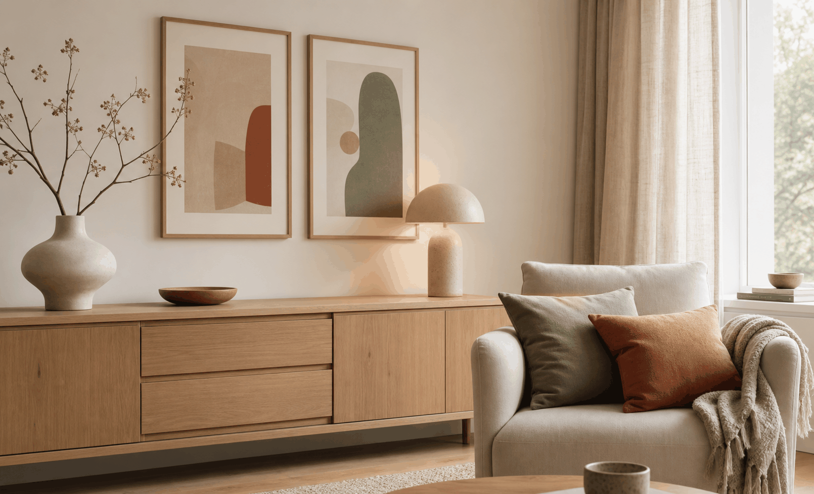 Ruhige Wohnzimmerecke mit Holz, Keramik, Leuchte und abgestimmten Textilien