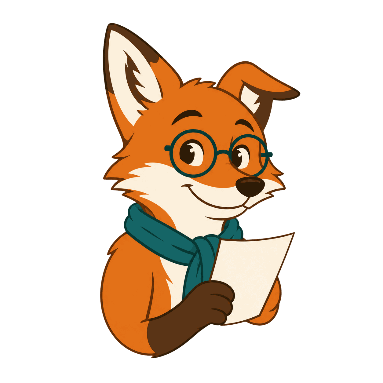 Freundlicher Seitenfuchs mit Brille, Schal und Checkliste